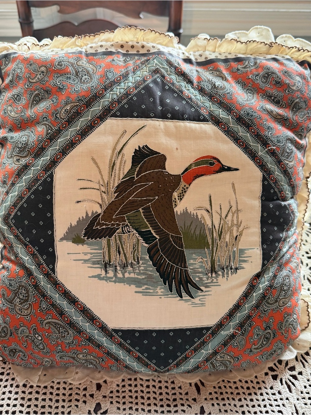 Decorative Duck Motif Throw Pillow in Red and Brown